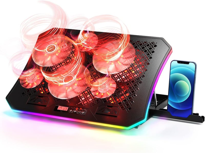KeiBn Laptop Cooling Pad, RGB Lights Laptop Cooler 6 Fans for 15.6-17.3 Inch Laptops, 7 Height Stands, 10 Modes Light, 2 USB Ports, Desk or Lap Use (A8,Red) - Image 1